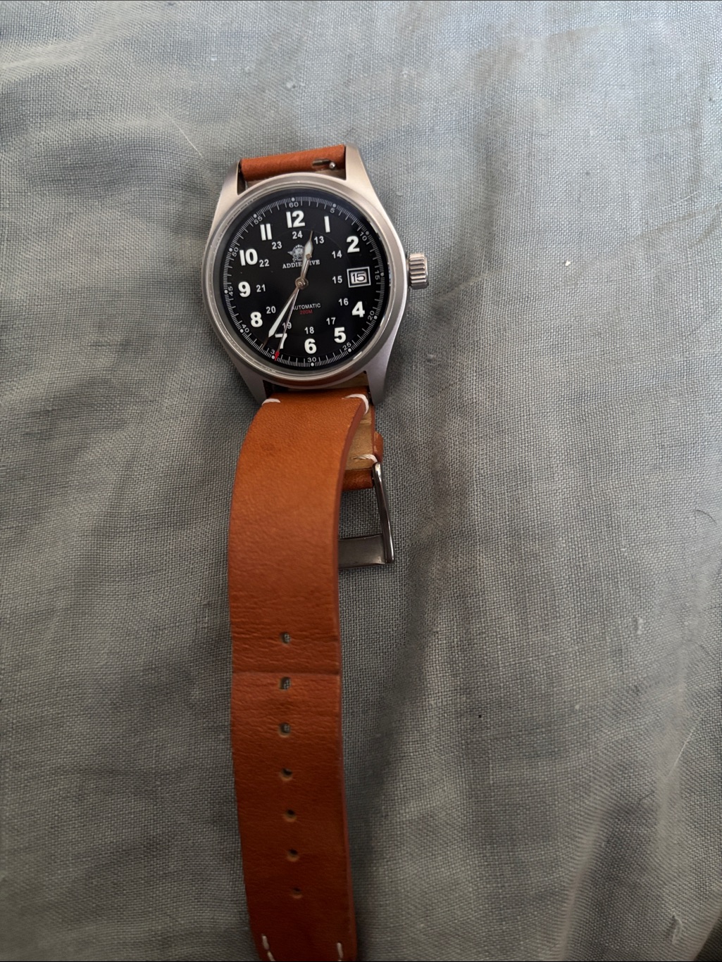 Addiesdive Mens Automatic Field Watch Black Dial Brown Leather Strap
